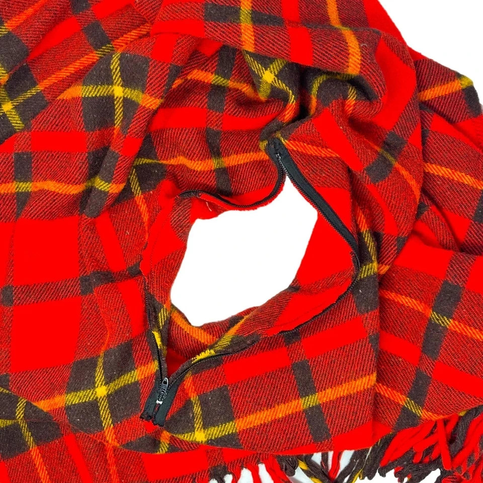 VTG Faribo Fringed Throw Blanket zip Poncho 53"x 60" Red Plaid Fluff Loomed Wool gallery