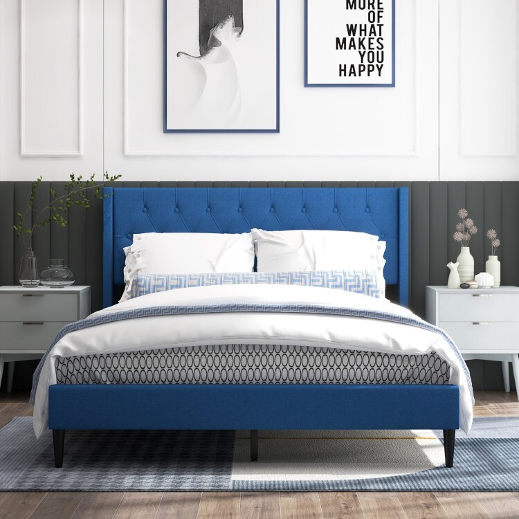 Queen Size Platform Bed Frame Upholstered With Button Tufted Wingback Headboard gallery