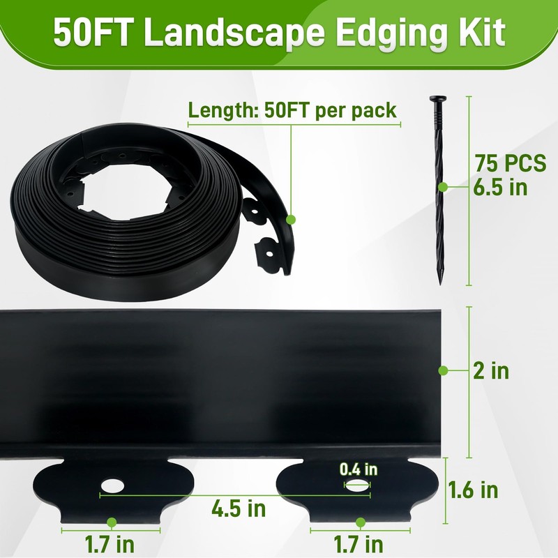 Quibbay 2in x 50ft Landscape Edging Kit w/ 75 Stakes NoDig Black Plastic Border gallery