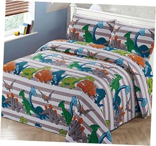 2pc Bedspread Coverlet Quilt Set Kids/Teens Childrens Twin Dinosaurs Stripes gallery