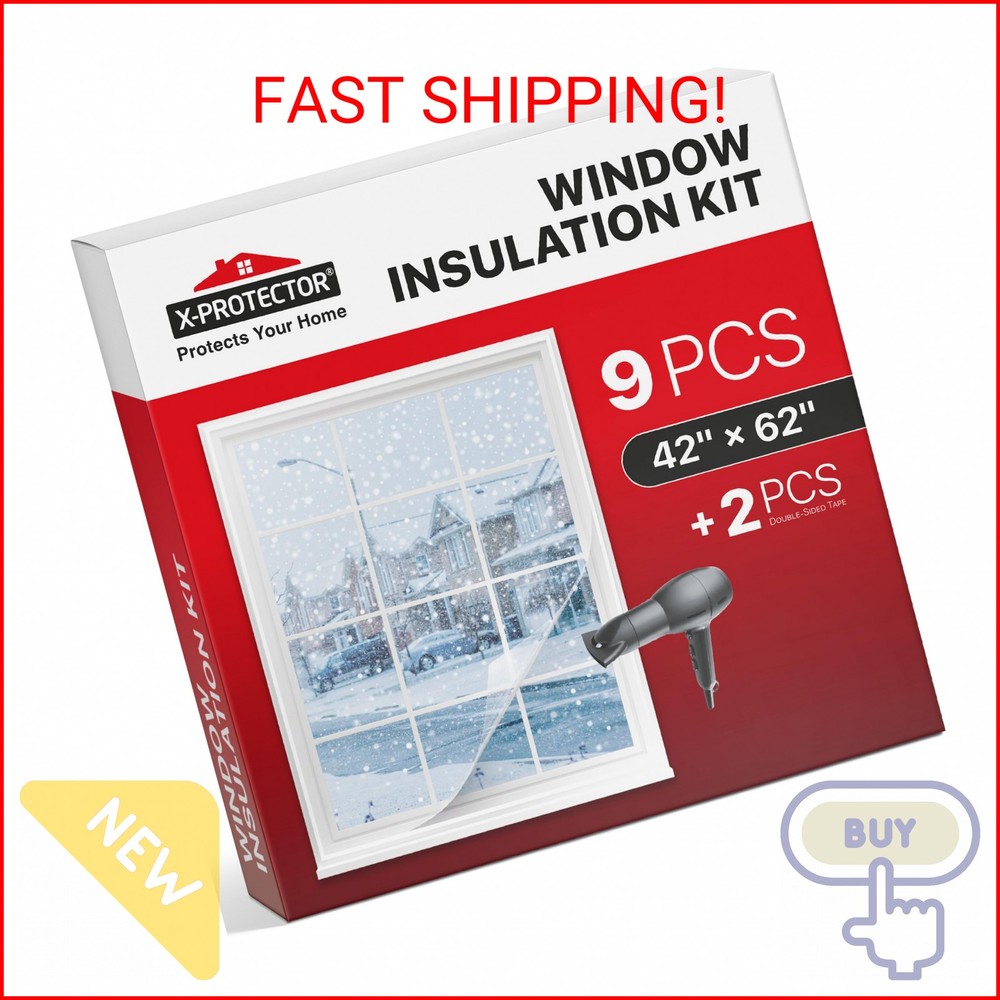 X-Protector Window Insulation for Winter - 9 Pack 42in x 62in - Clear Window Ins
