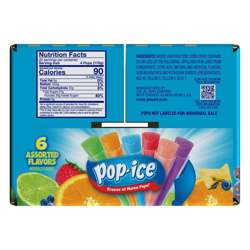 Pop-Ice Assorted Fruit Freezer Ice Pops, Gluten-Free Frozen Snack, 1.5 oz, 80 Ct gallery