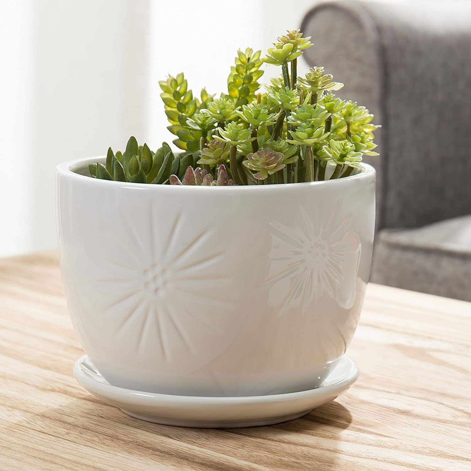 7 Inch White Sunburst Design Round Ceramic Flower Pot w/ Saucer & Drainage Hole gallery