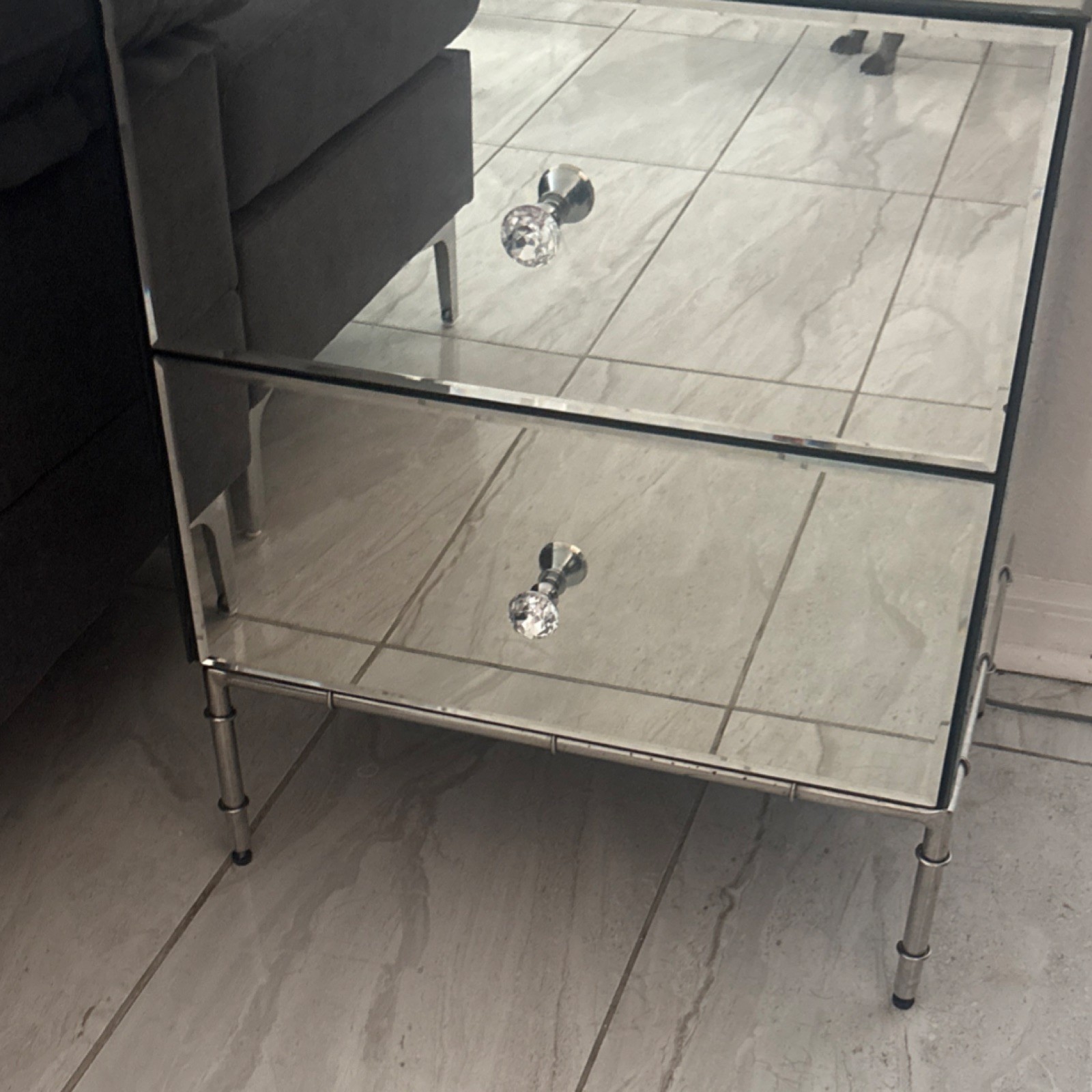 Modern Mirrored Nightstand, 2 Drawers, Glass, Silver, 32x18x28 in, Used gallery