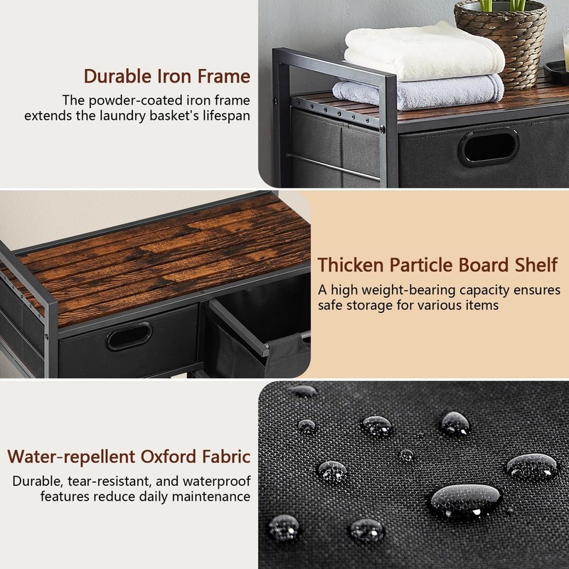 Large Rustic Brown & Black Laundry Basket with Wheels, 3 Compartments, 60L Ca... gallery