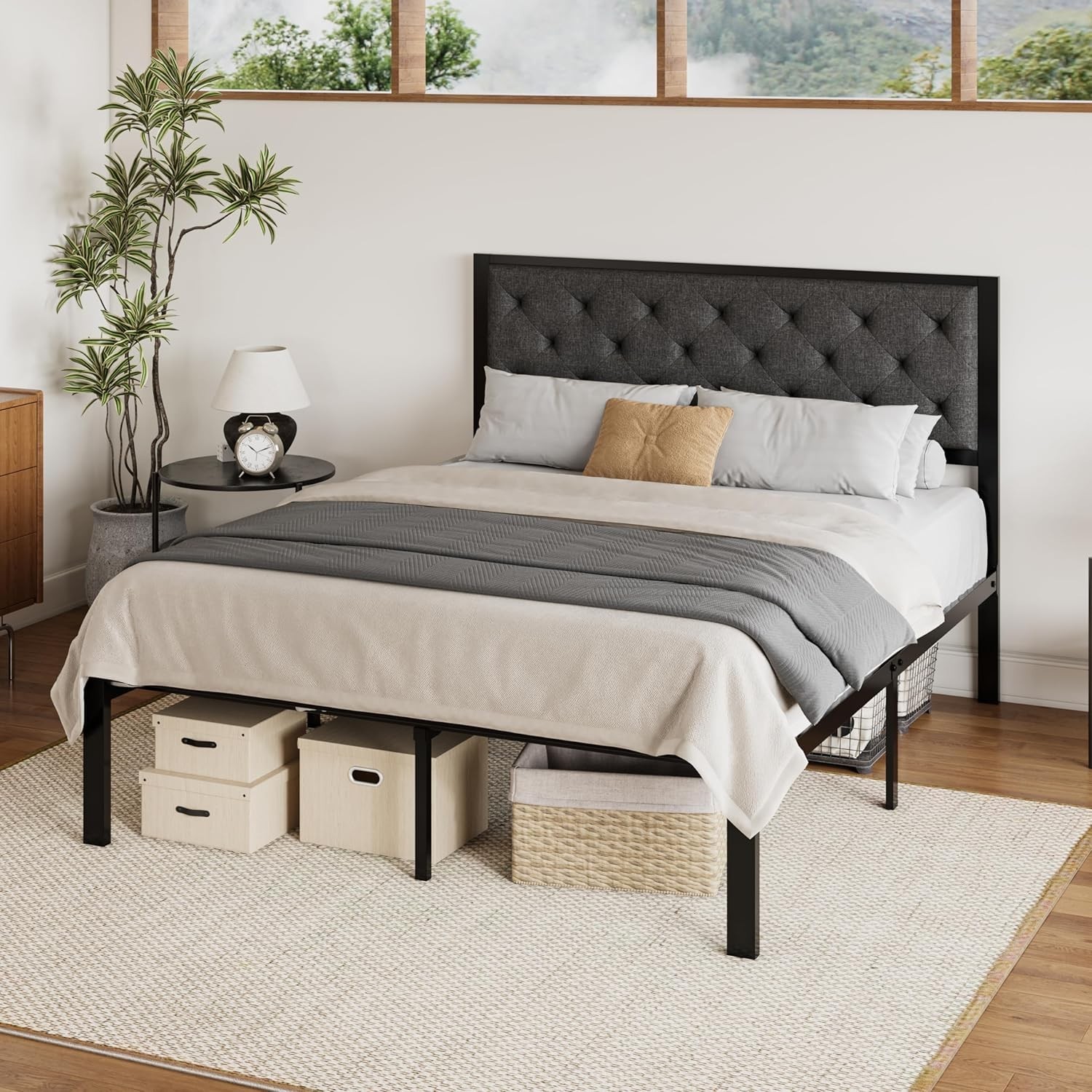 Queen Metal Platform Bed Frame Linen Upholstered Button Tufted Headboard gallery
