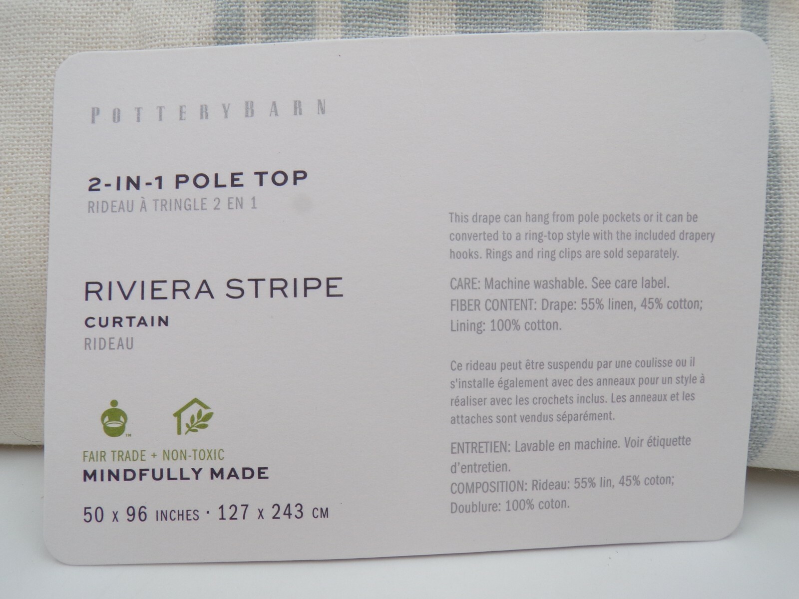Pottery Barn Riviera Striped Cotton Lined Drape Panel Porcelain Blue 50x 96" #Q6 gallery
