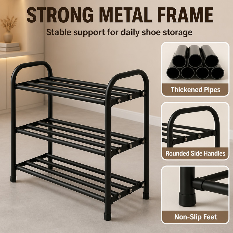 3-layer 3bar extendable shoe rack, saves space for storage, made of sturdy metal gallery