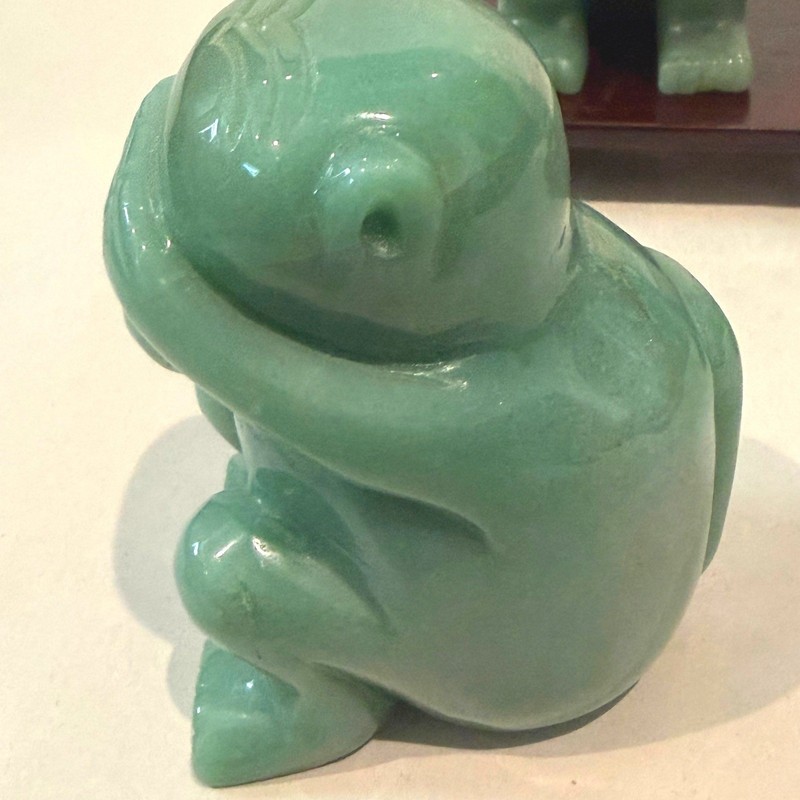 Carved Green Hardstone Three Wise Monkeys Figurine Set Hardwood Stand 4 lbs gallery