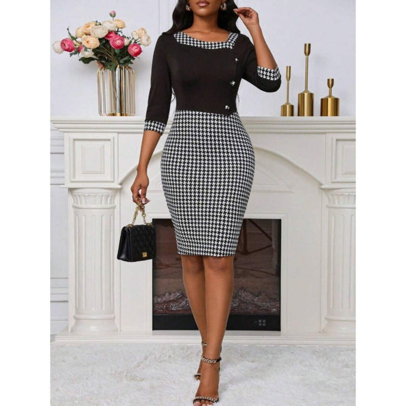 SpringSummer Houndstooth Patchwork Asymmetrical-Neckline Slim-Fit Dress gallery