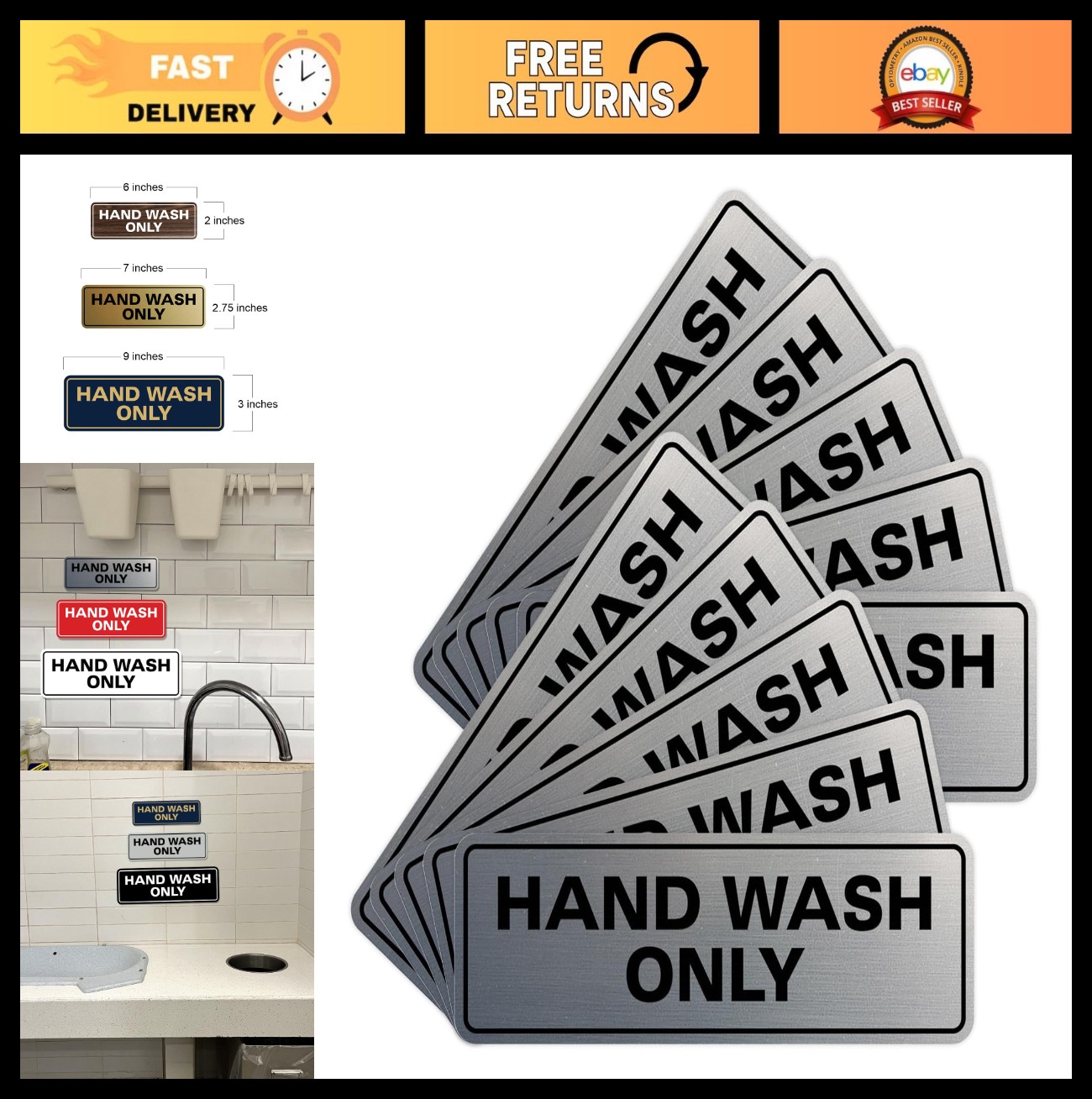 10 Pack Standard Hand Wash Only Sign for Kitchen Sink - Easy Install Silver Wall gallery