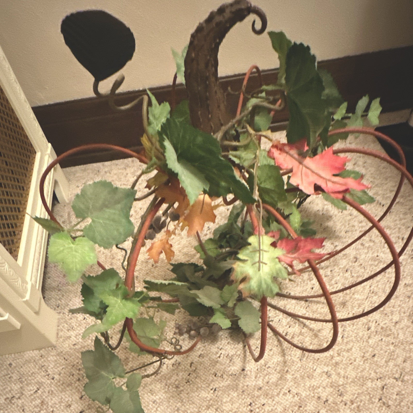Artificial Autumn Table Centerpiece Metal Pumpkin Frame, Grape Leaves gallery