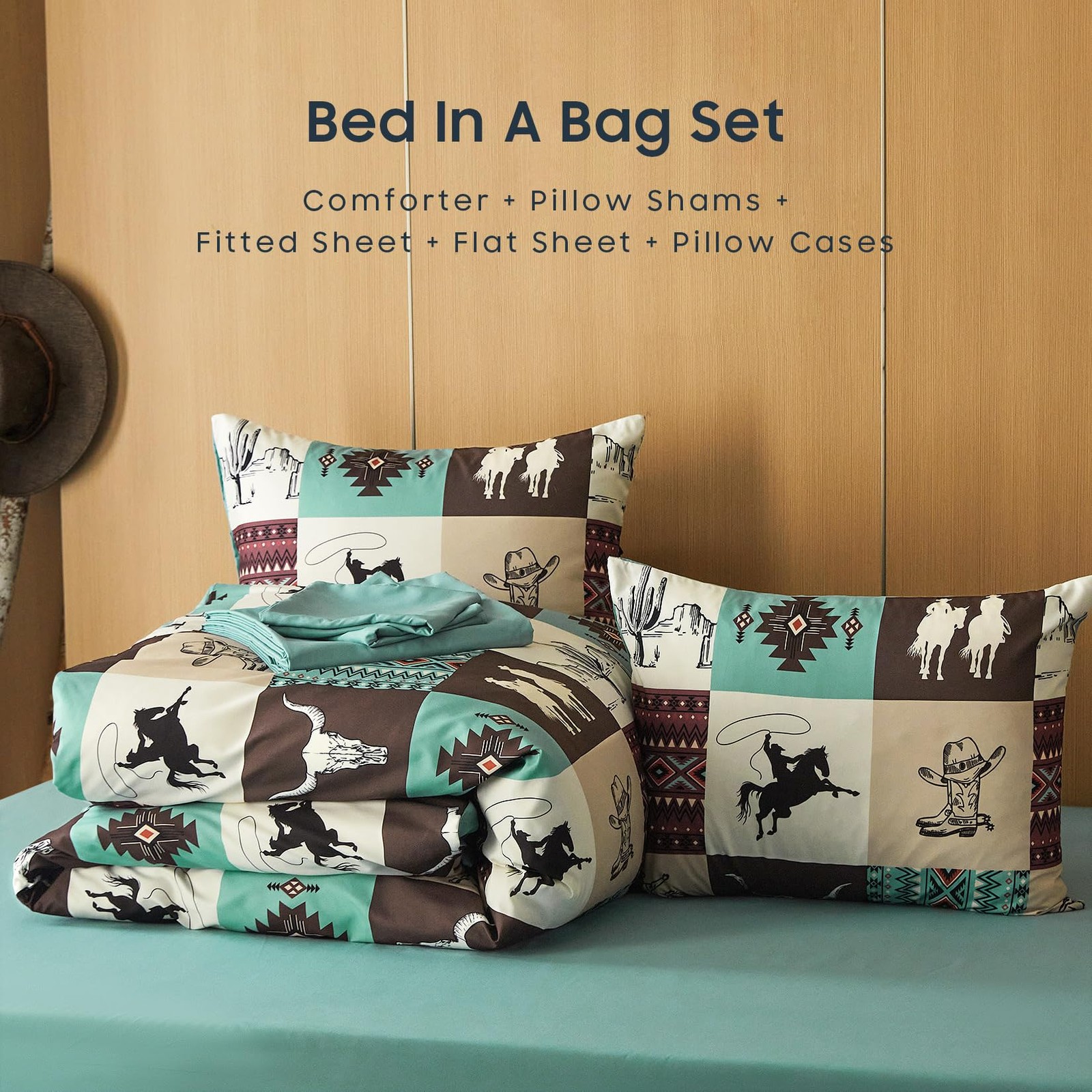 Western Comforter Set with Sheets, Southwestern Aztec King Turquoise Taupe gallery