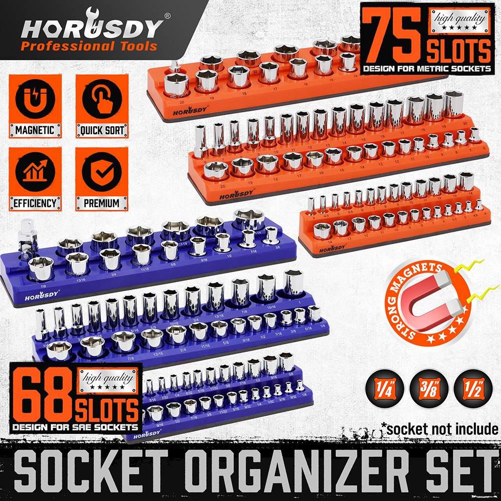 6PC Magnetic Socket Organizer Storage Holder Set 1/4 3/8 1/2 Metric SAE 143 Slot gallery