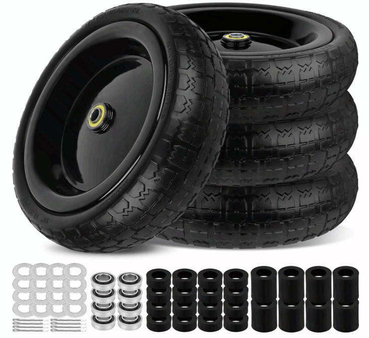 13" Flat Free Solid Tires 4.00-6, 5/8" Axle, Spacers & Pins, 4 Pack