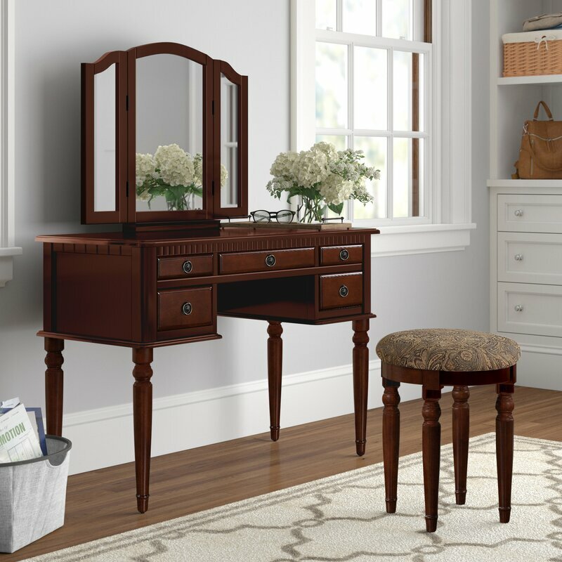 Cherry 3 pc Vanity Set Tri Mirror Wooden Table Stool Makeup Drawer Bedroom Desk gallery