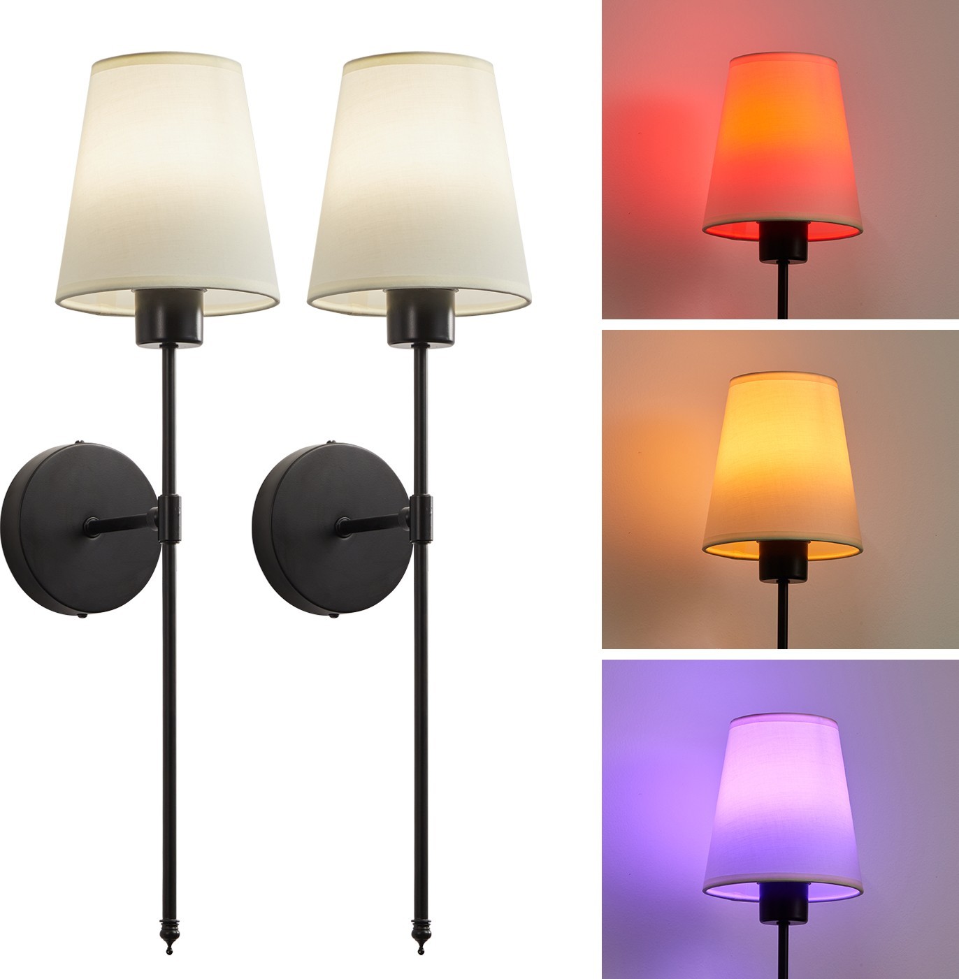 2 Pack RGB Wall Sconce Matte Black Long Pole Fabric Shade Bedside Lamp gallery