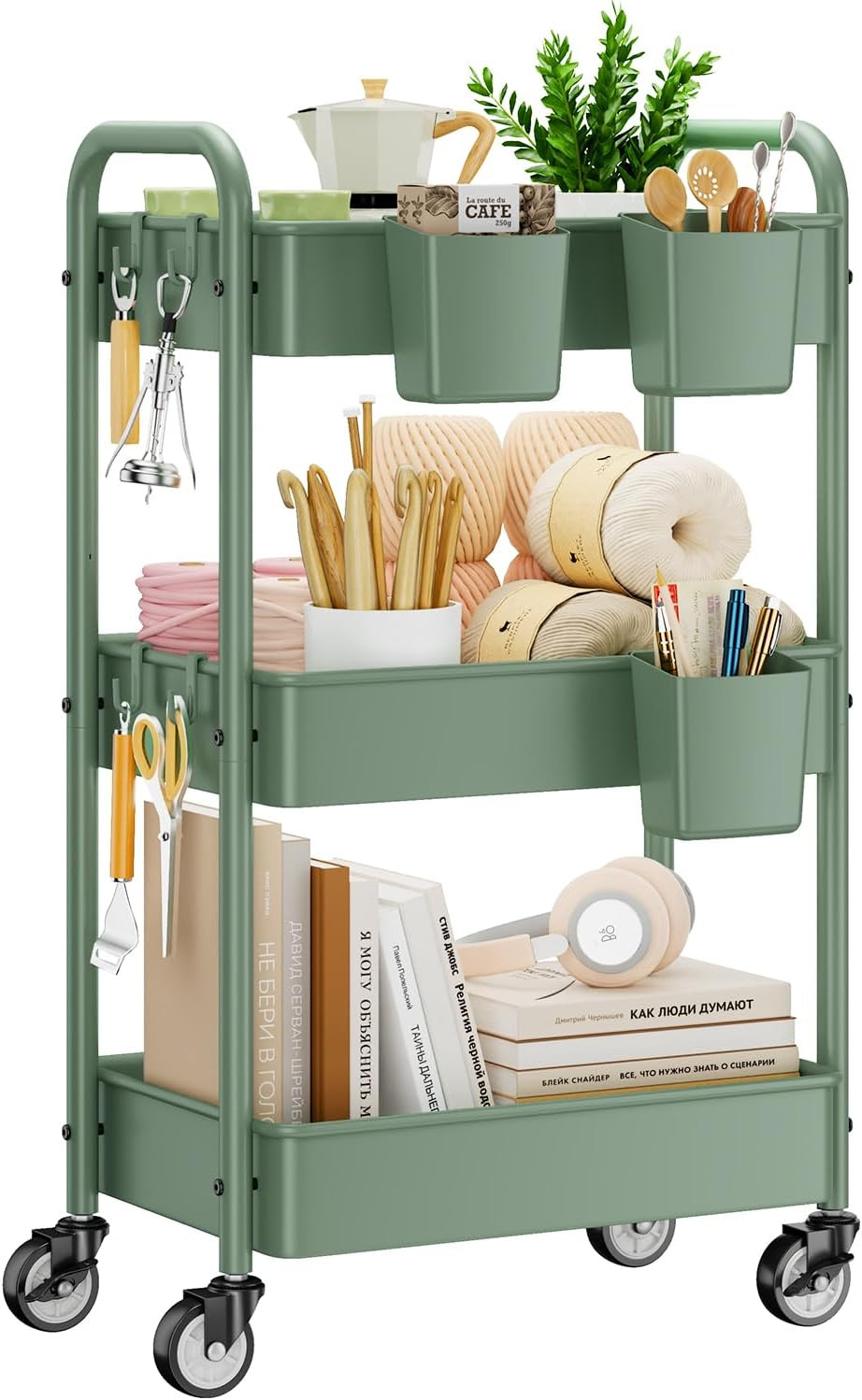 3-Tier Rolling Cart, Green, 66 Pounds Capacity, Mesh Storage Organizer with Lock gallery