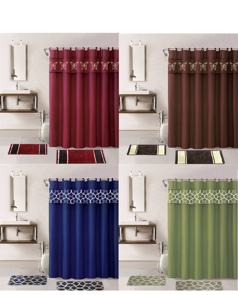 15PC BATHROOM SET 2 BATH MAT 1 SHOWER CURTAIN BUTTERFLY GEOMETRIC & MOSAIC STYLE gallery