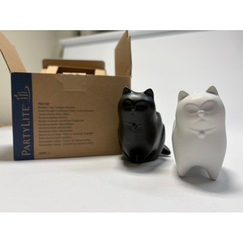 PartyLite Modern Cat Tealight Holders Set of 2 Black White Ceramic w Box rare gallery