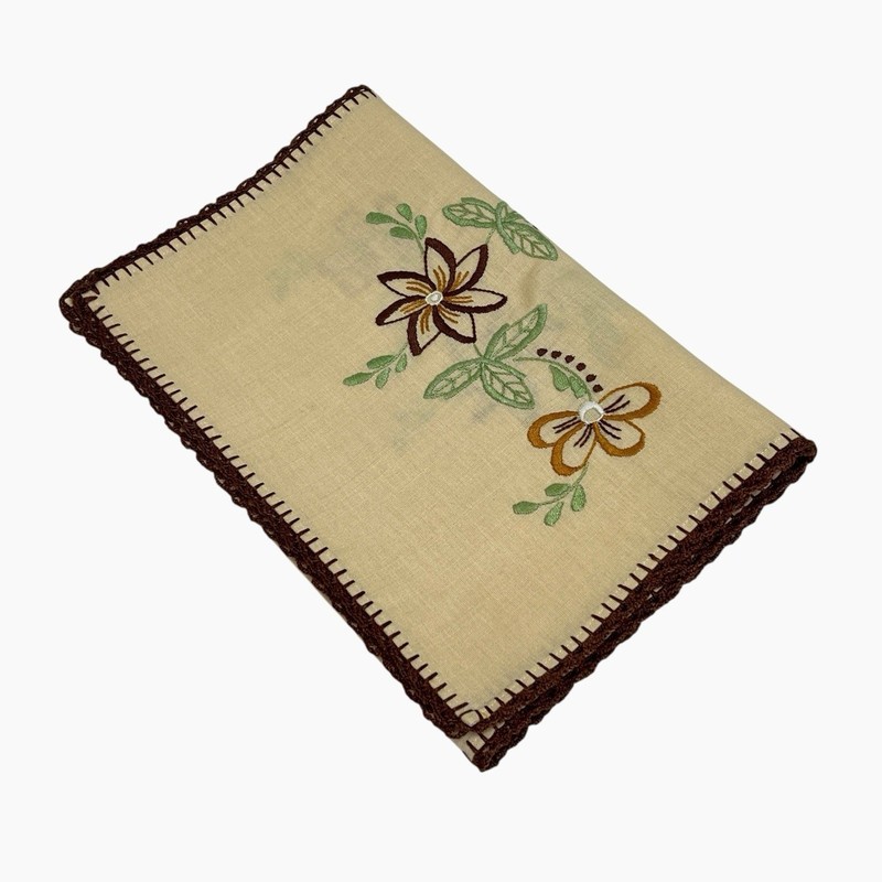Table Runner Beige Brown Crocheted Edge Green Floral Embroidery Farmhouse 34x13 gallery