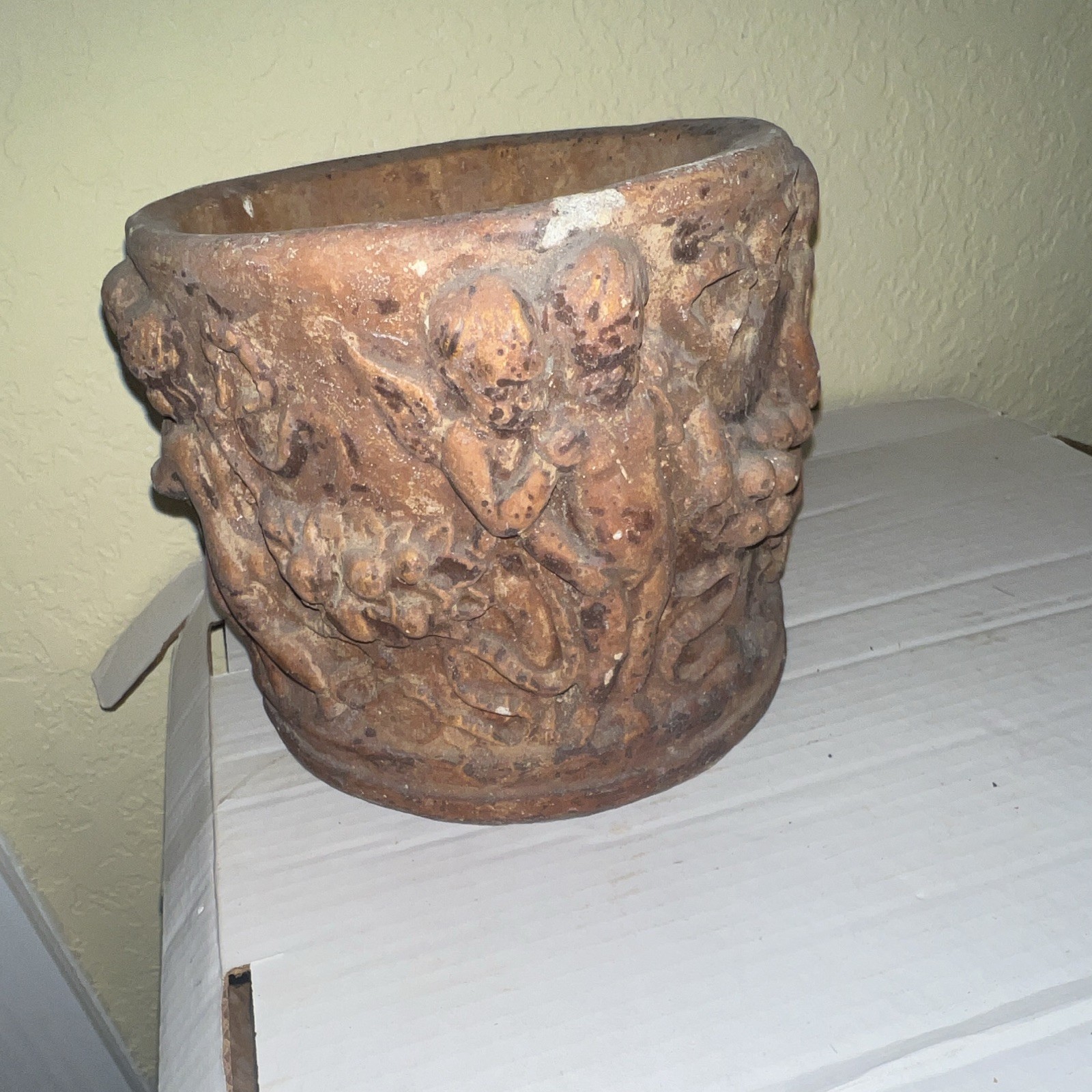 Terracotta Round Planter Pot w/ Raised Cherub Relief, Brown, 8 in x 7 in gallery