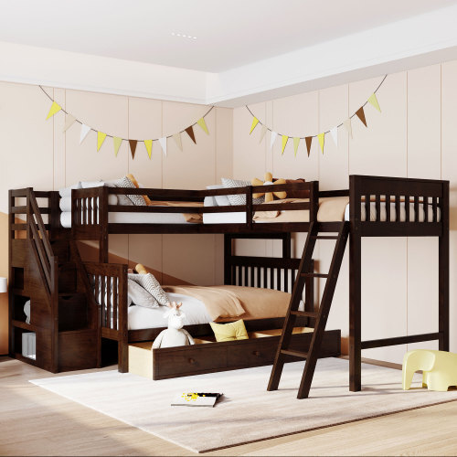 L Shaped Bunk Bed Triple Bunk Bed with 3 Drawers and Storage Stair Wood Loft Bed gallery
