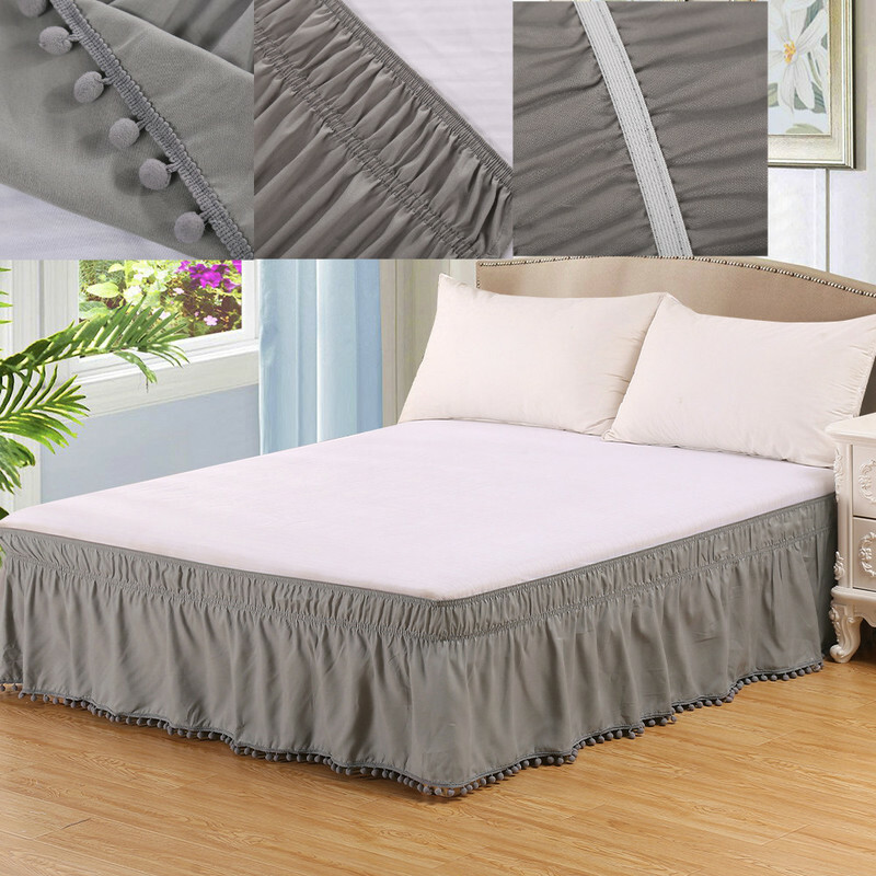 Elastic Bed Skirt 16 Inch Drop Dust Ruffle Bedding Pom Fringe Queen King gallery