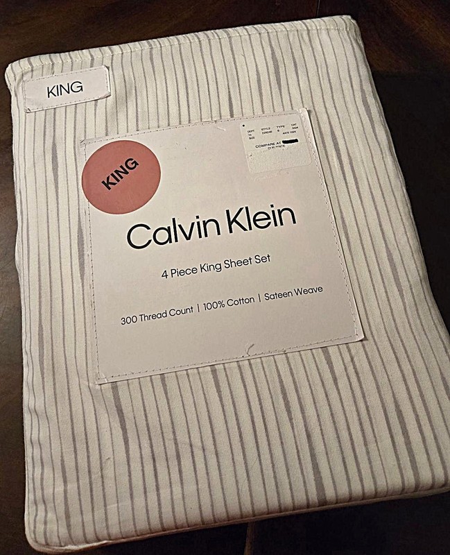 Calvin Klein King Sheet Set 4‑Pc 100% Cotton Sateen Gray White Stripe NWT gallery