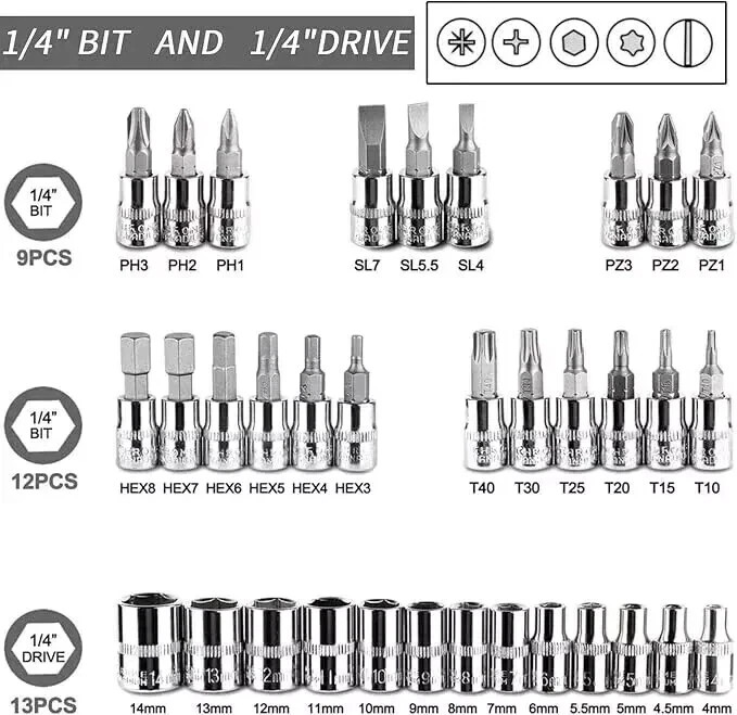 48 Pcs Socket Wrench Set 1/4" Drive Ratchet Metric Kit Garage Car Repair Tool US gallery
