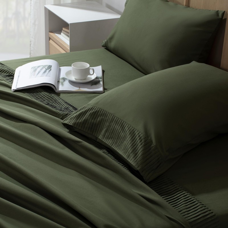 Queen Sheet Set 4 Pieces, Dark Olive Green Super Soft Sheets for Queen Size B... gallery