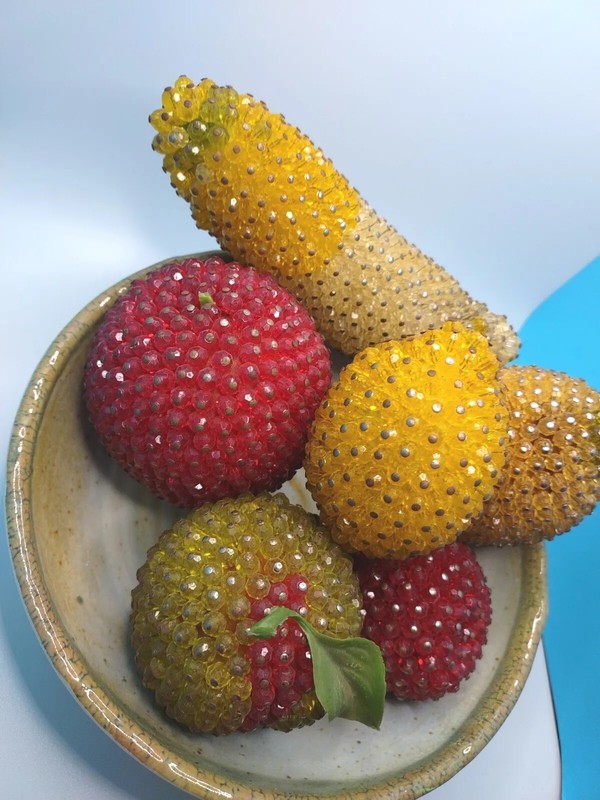 Vintage Beaded Fruit MCM Push Pin Centerpiece Lot of 6 Apple Mango Lemon gallery