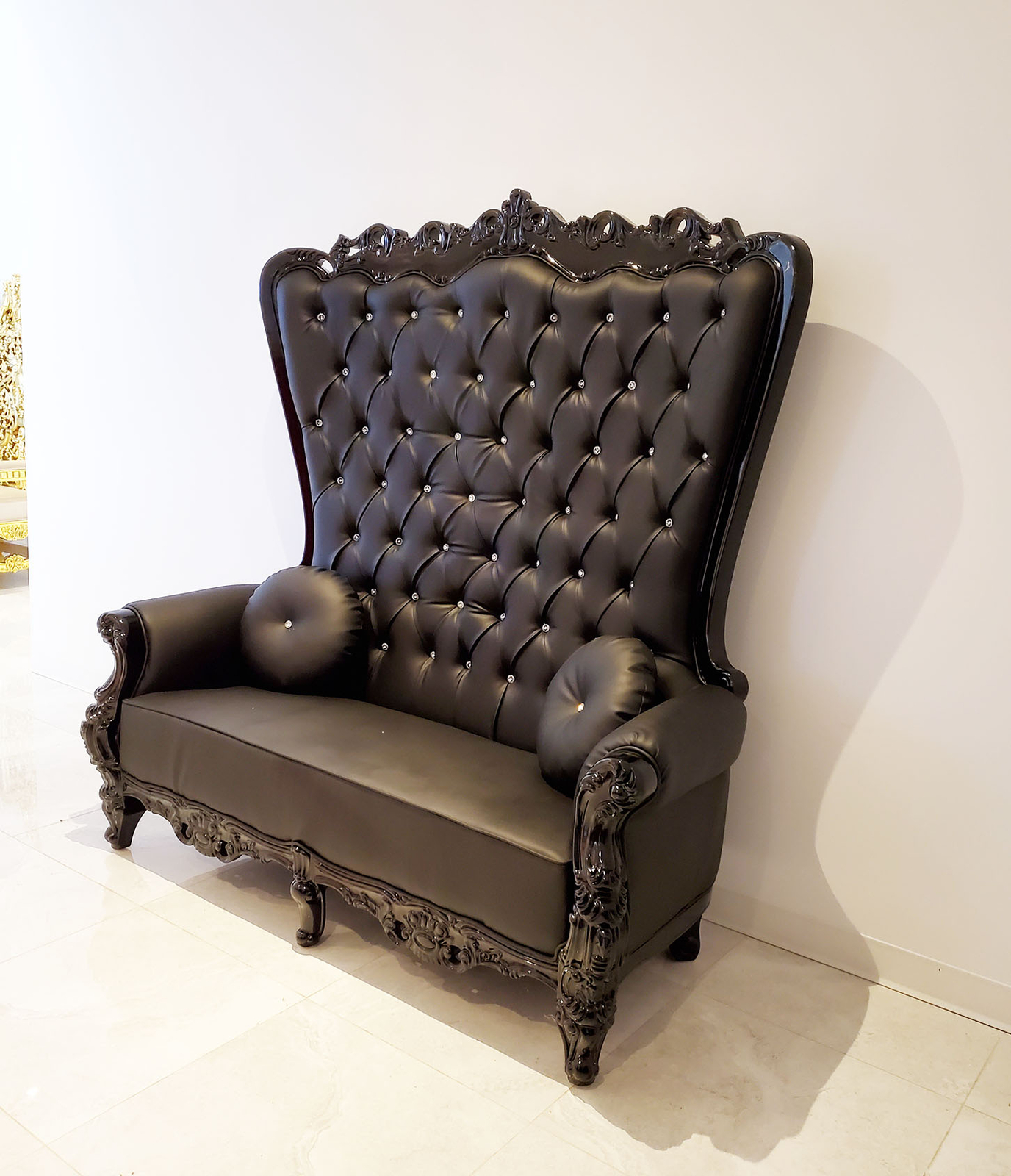 Double High Back Chair Queen Throne in Black Leather Black Frame gallery