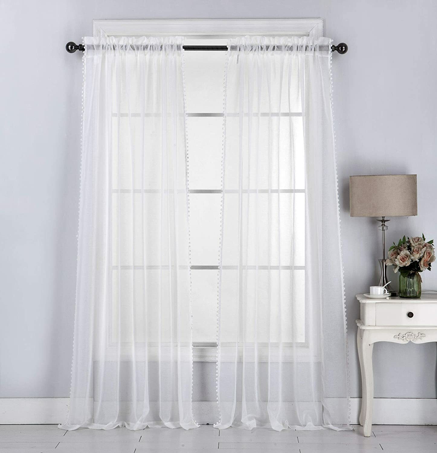 EHP 2 Piece Linen Look Pom Pom Tasseled Sheer Curtains, Rod Pocket Panel Pair gallery