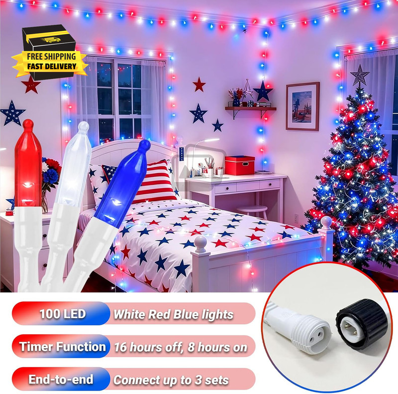 33FT 100 LED Mini Patriotic String Lights, White Wire 4 Inch Spacing Plug-In Wat gallery