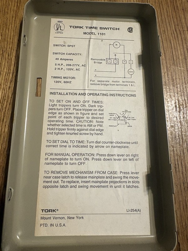 Tork Model 1101 Mechanical Time Switch Timer 120V 60Hz 40A SPST New No Box gallery