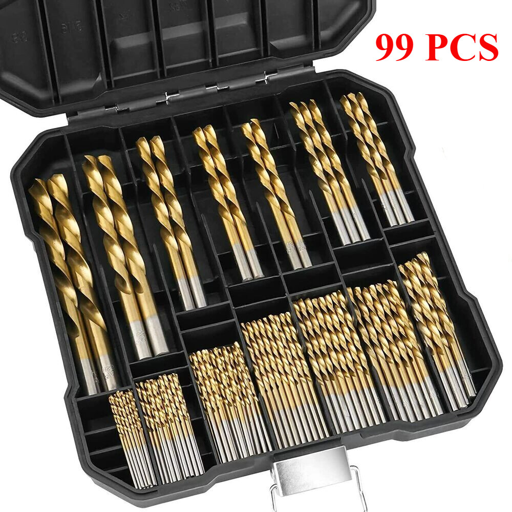 99 PCS HSS 135° TIP TITANIUM COATED TWIST DRILL BIT SET 1.5-10MM IRON BOX USA gallery