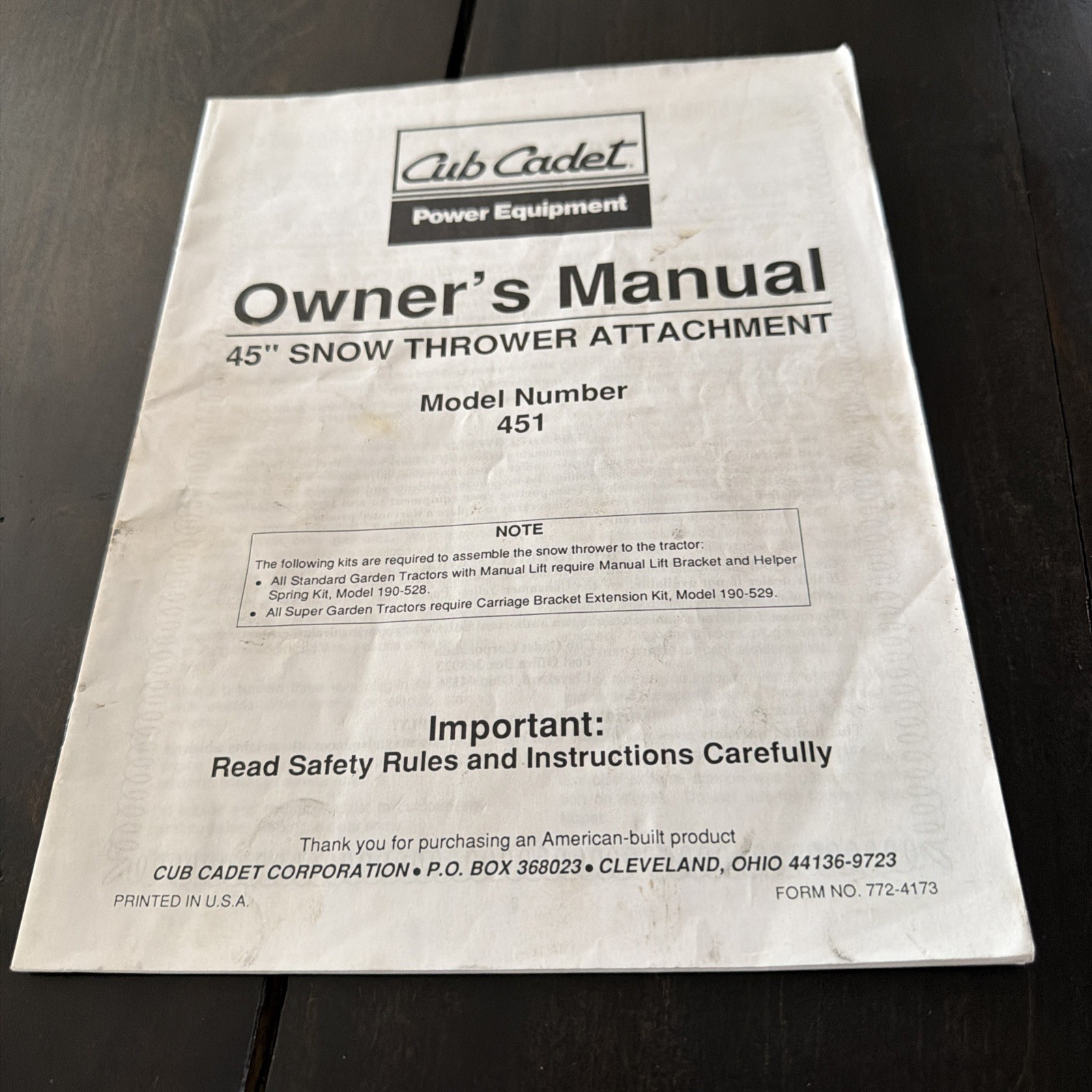 Cub Cadet 451 Snow Thrower 45” Owners Manual L0-1 gallery