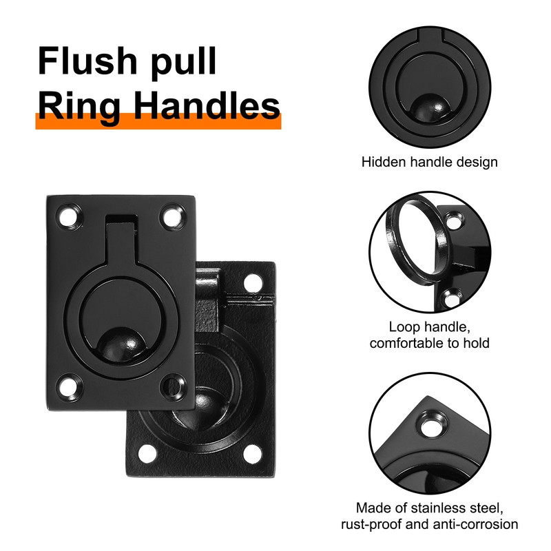 Flush Ring Pull 2.48" x 1.73" Square Recessed Door Pull with Screws Black gallery
