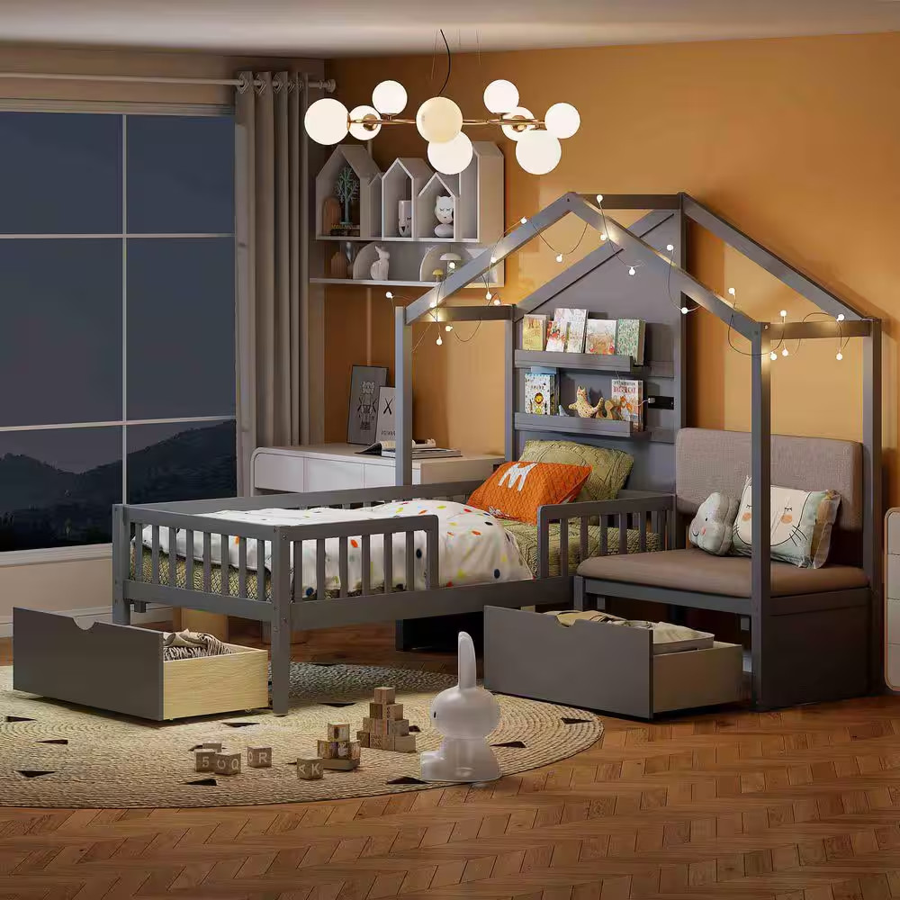 Gray Wood Frame Twin Size Platform Bed with Upholstered Sofa,Charging Station,Wi gallery