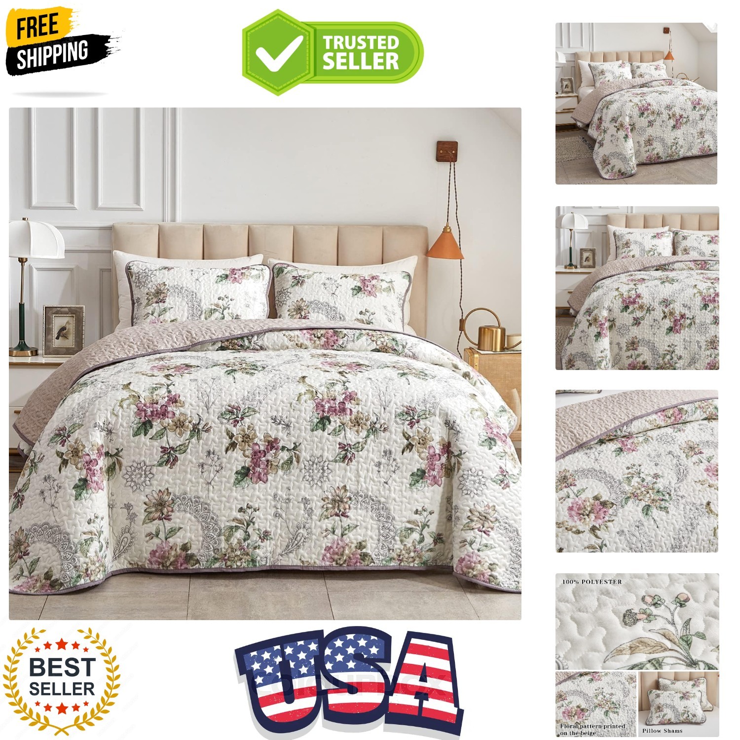 3 Pieces Quilt Set Full/Queen Size, Beige Floral Reversible Bedspread Coverle... gallery