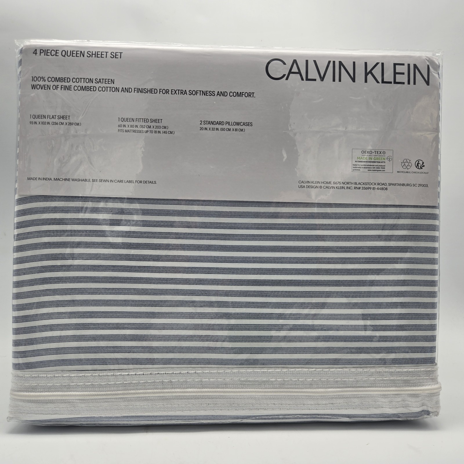 Calvin Klein Queen Sheet Striped 100% Cotton Combed Sateen White Blue 4Pc Set gallery