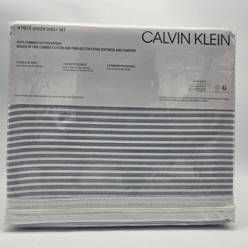 Calvin Klein Queen Sheet Striped 100% Cotton Combed Sateen White Blue 4Pc Set gallery