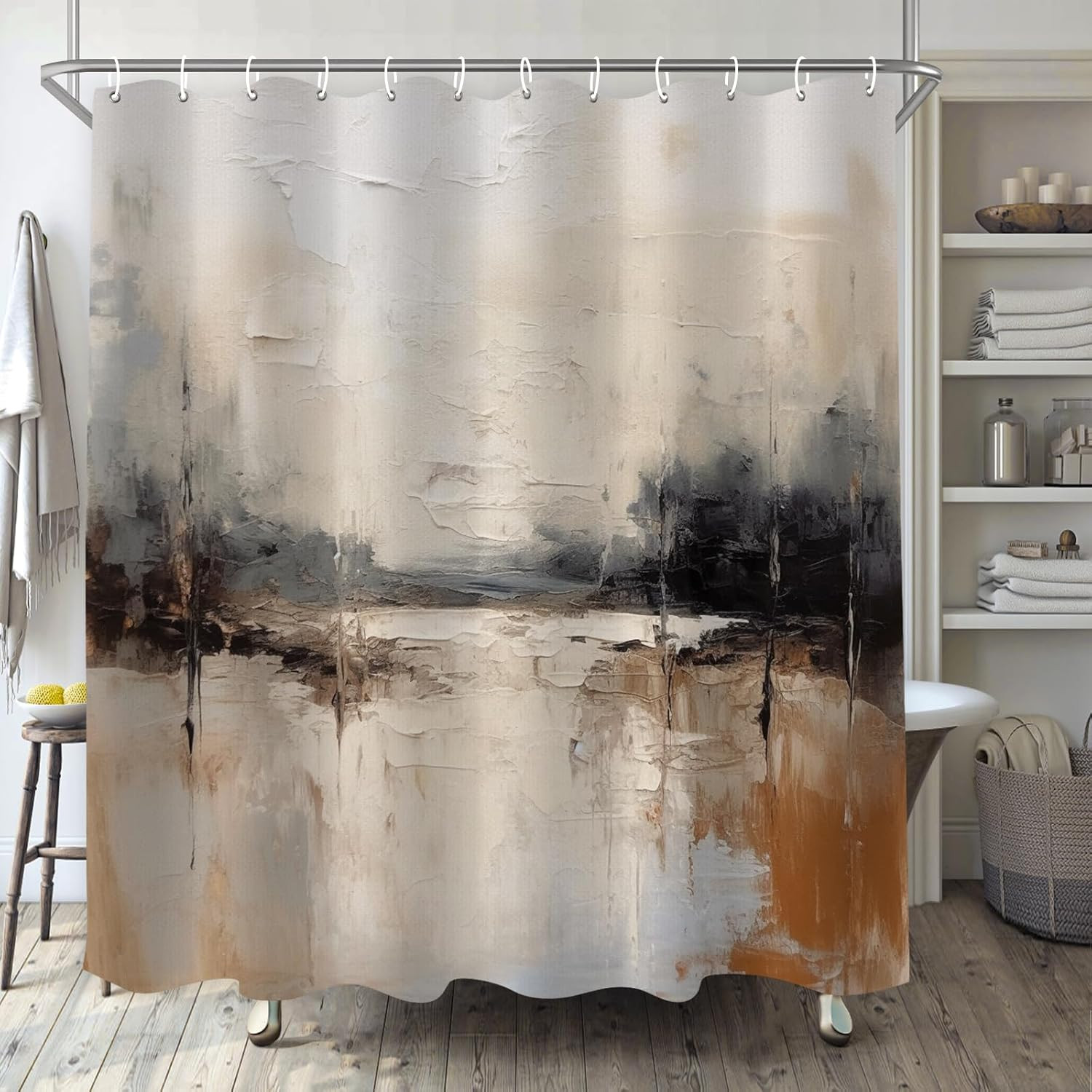 Art Abstract Shower Curtain for Bathroom, Brown Black Grey White Boho Shower Cur gallery