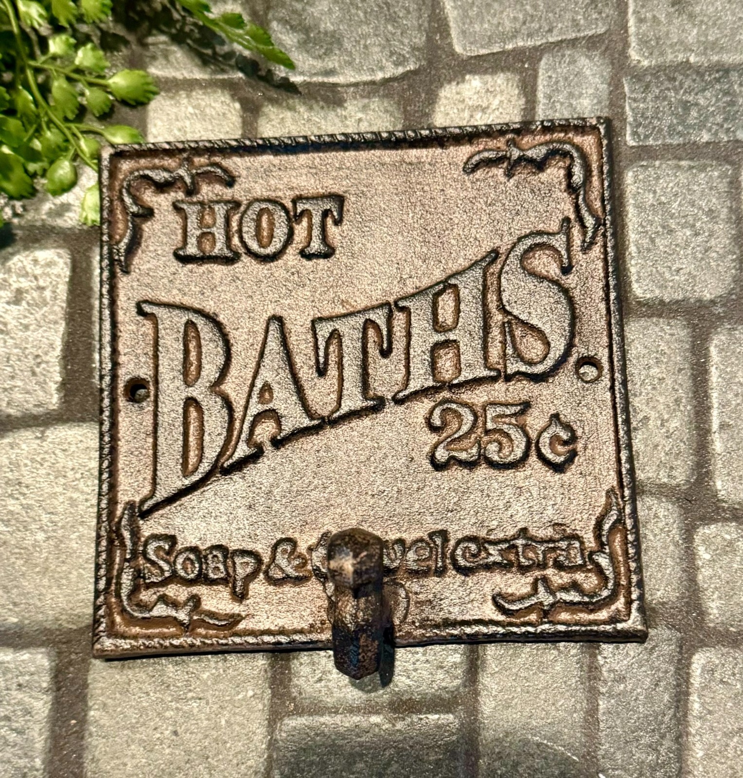 Rustic Country Primitive Cast Iron Hot Baths Bathroom Towel Hook Hanger Sign NEW gallery