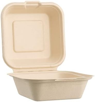 50 Count Compostable Take-Out Boxes, Square 6" Bagasse Clamshell gallery