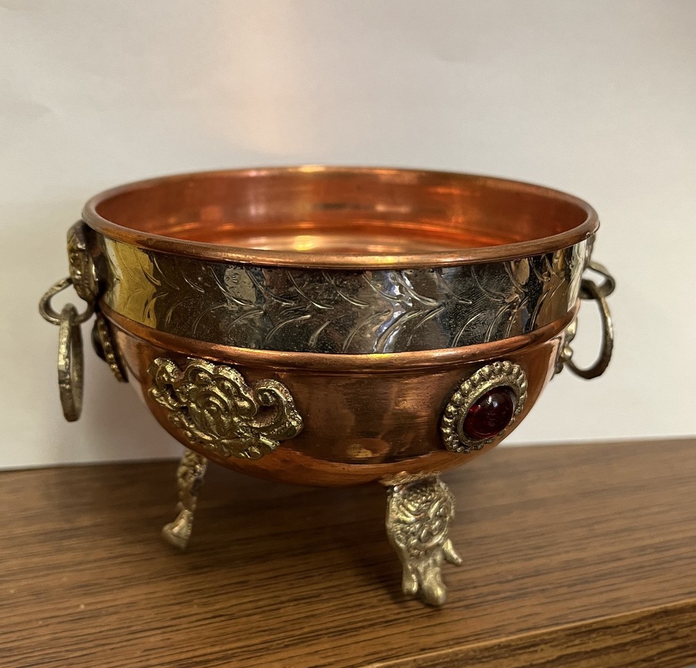 Small footed copper and brass ritual offering bowl Buddhist 3" tall flaw