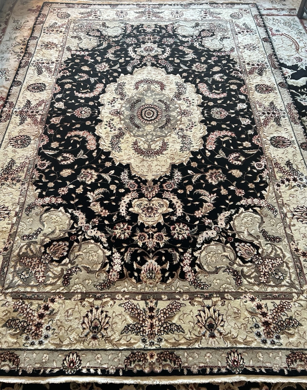 Handmade Traditional Medallion Area Rug, Black Beige Cream, 5.10 ft x 9 ft gallery