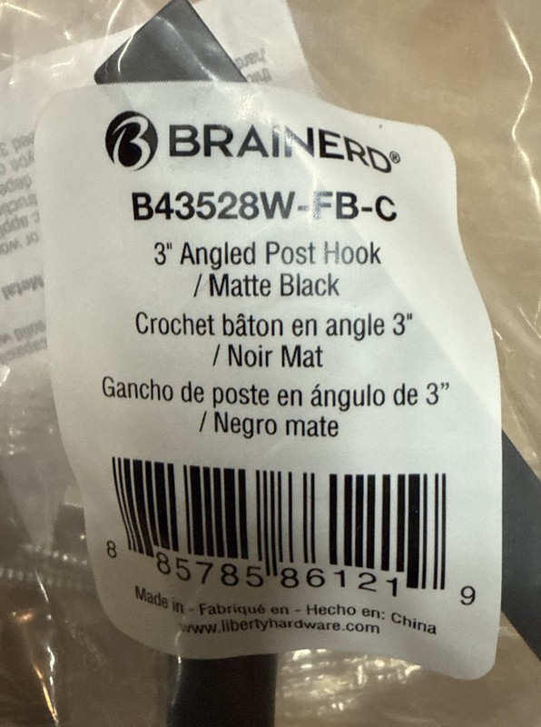 Brainerd 3" Angled Post / Wall Hook, Matte Black, 35lb Capacity, (5 Pack) gallery