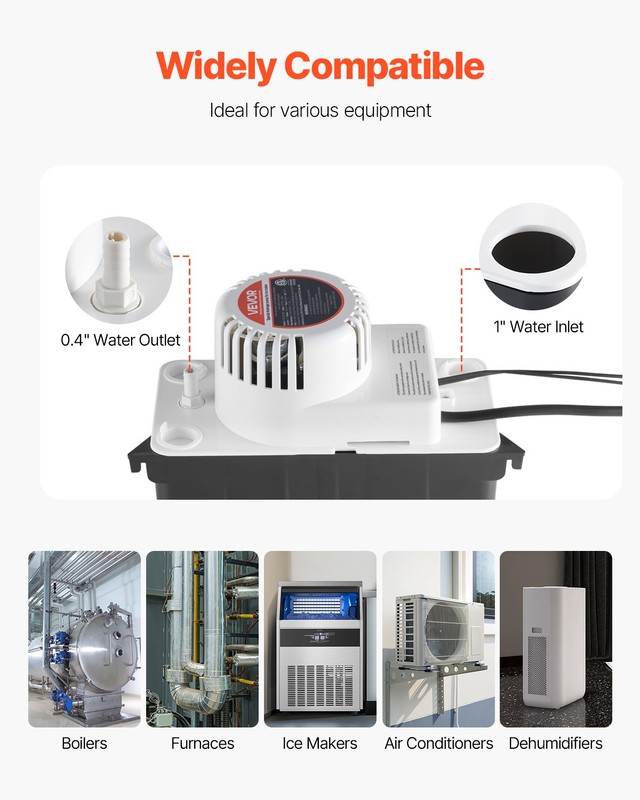 VEVOR Condensate Removal Pump Automatic Condensate Pump 1/50 HP 65GPH 15 ft Lift gallery